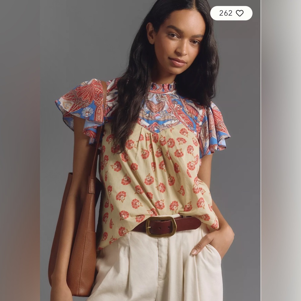 NWT Farm Rio Anthropologie Ruffle Sleeve Printed Blouse Size Large